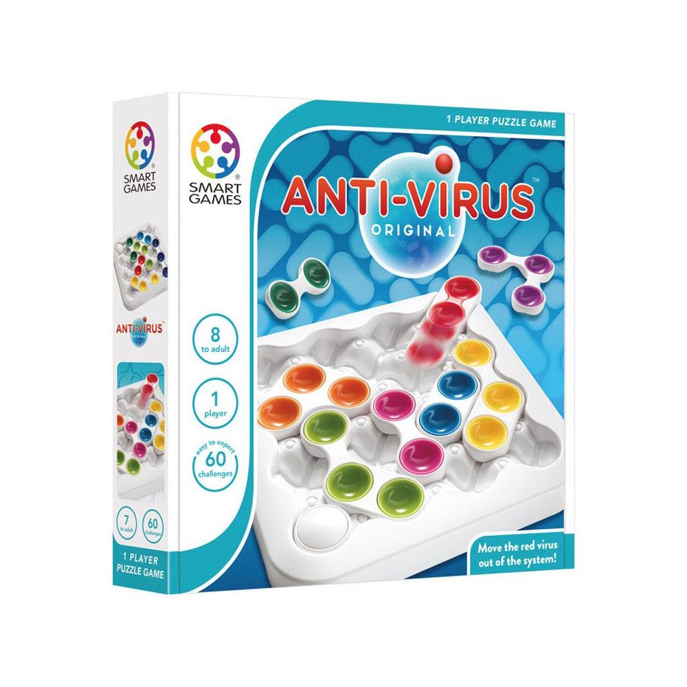 Anti-Virus puzzle game box with tray pieces and colorful virus tokens