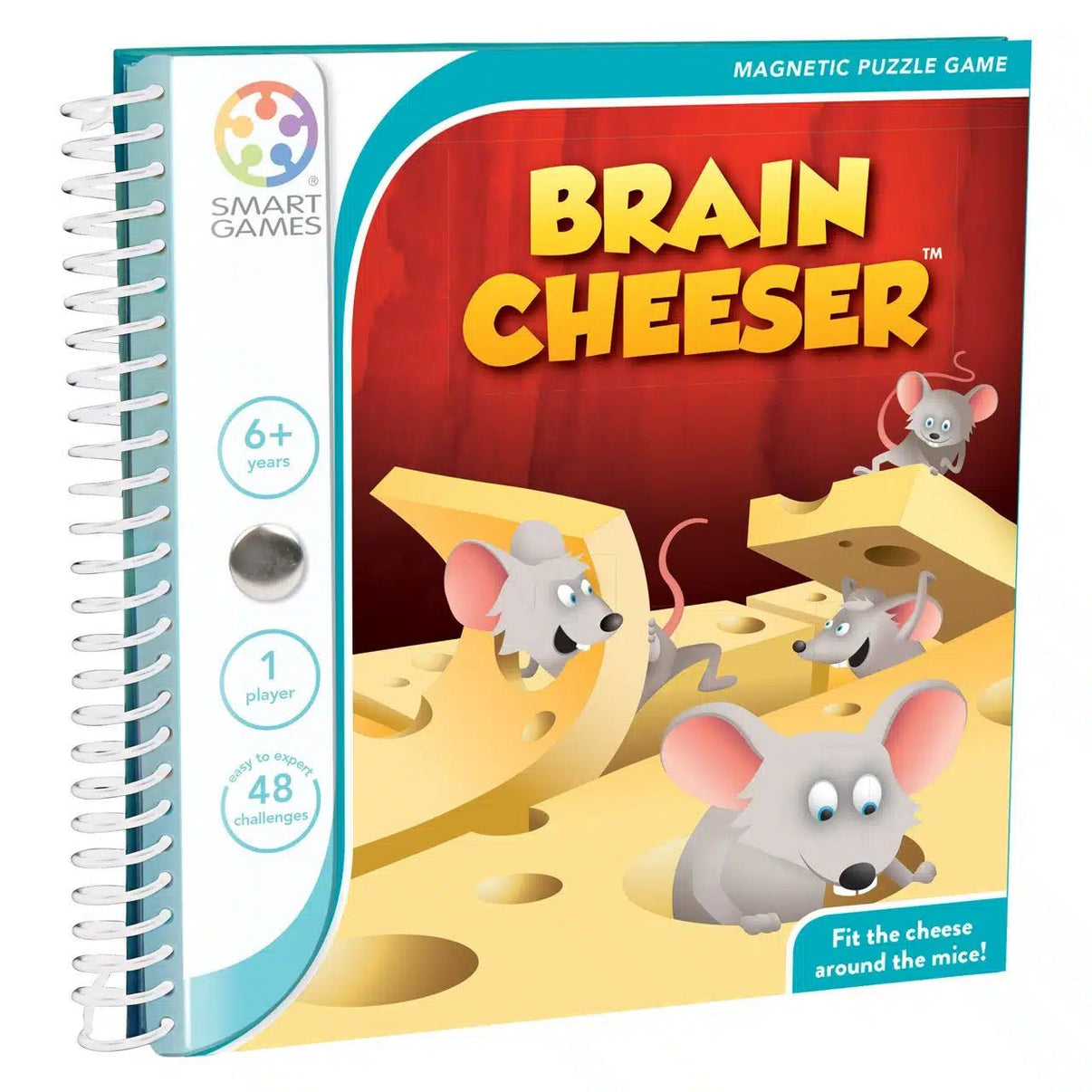 Magnetic puzzle game cover with cartoon mouse in cheese maze and spiral binding
