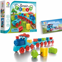 Preschool train puzzle game box with colorful shape-sorting train and blocks