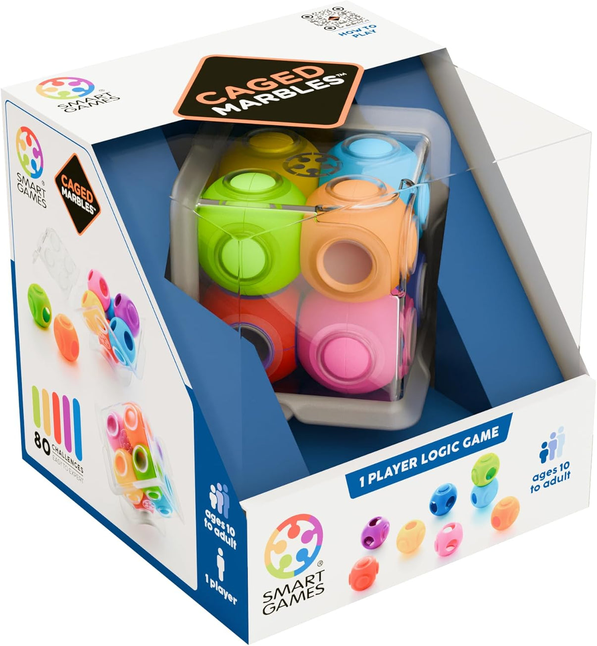 Boxed caged marbles puzzle game with colorful plastic marble set inside
