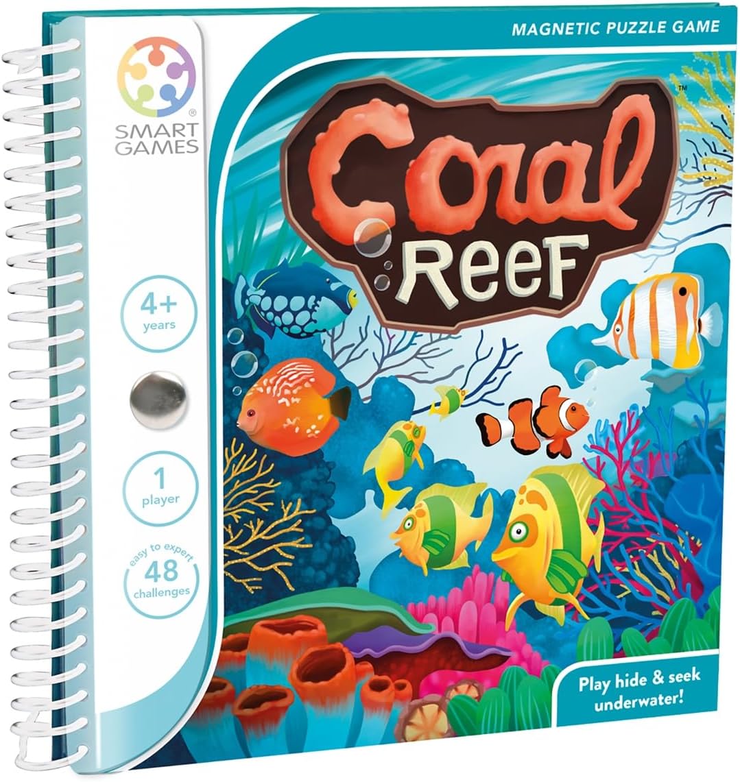 Reef magnetic puzzle game booklet with “Coral Reef” title and fish artwork