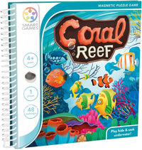 Reef magnetic puzzle game booklet with “Coral Reef” title and fish artwork