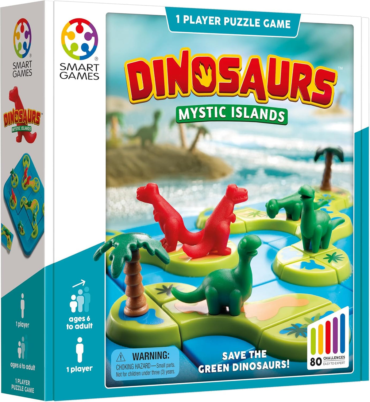 Dinosaurs Mystic Islands 1-player puzzle game box front with red and green dinosaurs