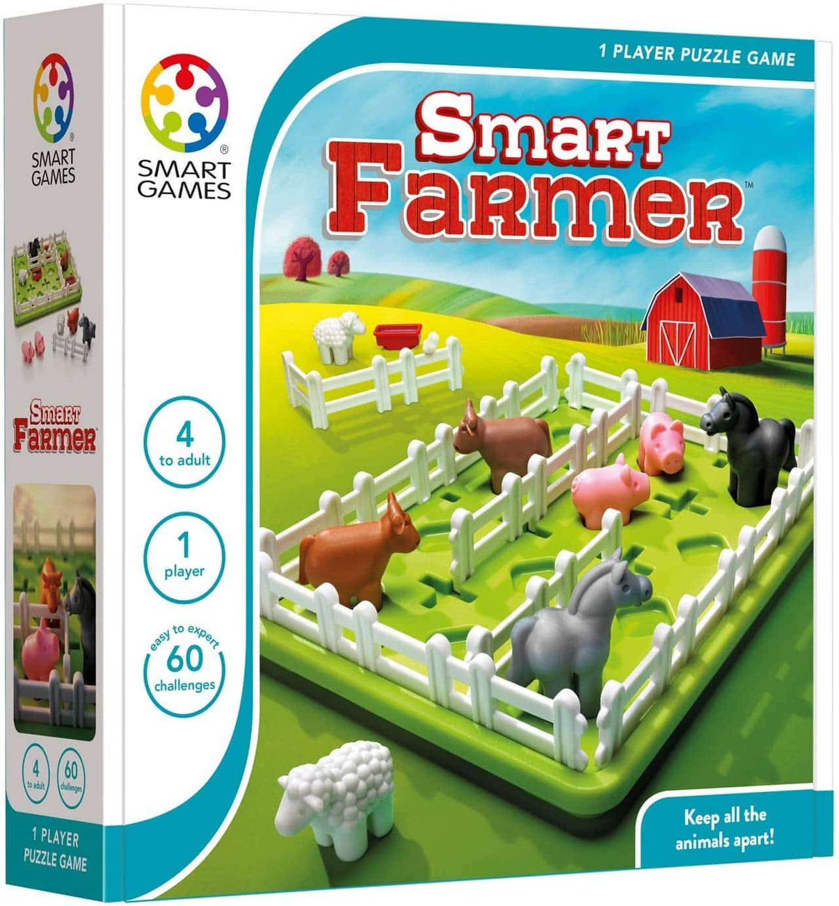 Farm puzzle game board with white fences and animal pieces, Smart Farmer