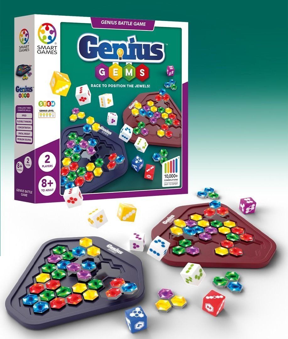 Puzzle game box with hexagon gem boards and colorful gem tile pieces
