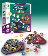 Puzzle game box with hexagon gem boards and colorful gem tile pieces