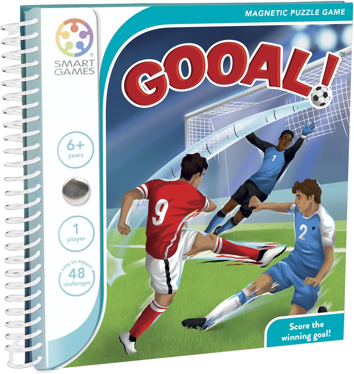 Magnetic travel puzzle game box with soccer goal board, age 6+, 48 challenges