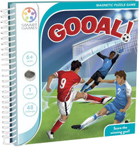 Magnetic travel puzzle game box with soccer goal board, age 6+, 48 challenges