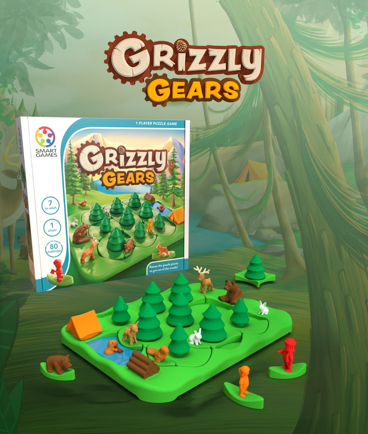Children’s animal puzzle game with green board, green trees, and small animal pieces.