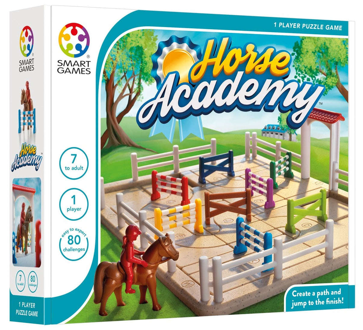 Horse obstacle puzzle game box with board and colorful horse figures