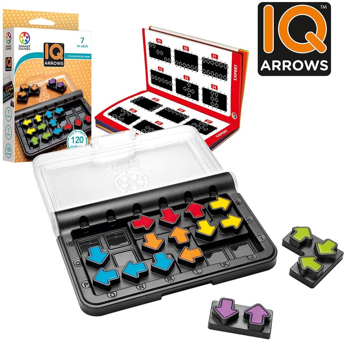 Arrow puzzle game case with colorful directional tiles and plastic cover