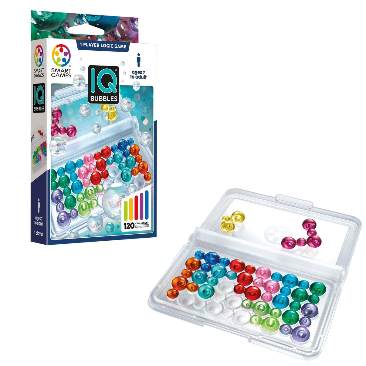 Bubble logic game set with clear tray of multicolor ball pieces