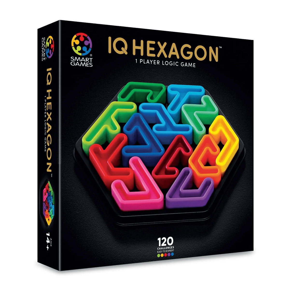 IQ Hexagon logic puzzle game box showing neon arrow pieces