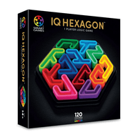 IQ Hexagon logic puzzle game box showing neon arrow pieces