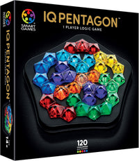 IQ Pentagon 1-player logic game box with multicolor pentagon pieces graphic