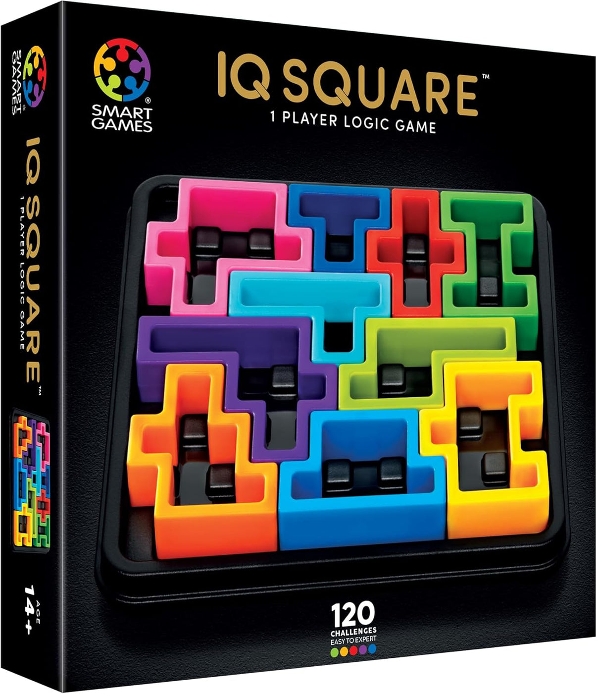 IQ Square 1-player logic game box with colorful pieces and 120 challenges