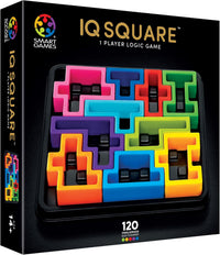 IQ Square 1-player logic game box with colorful pieces and 120 challenges