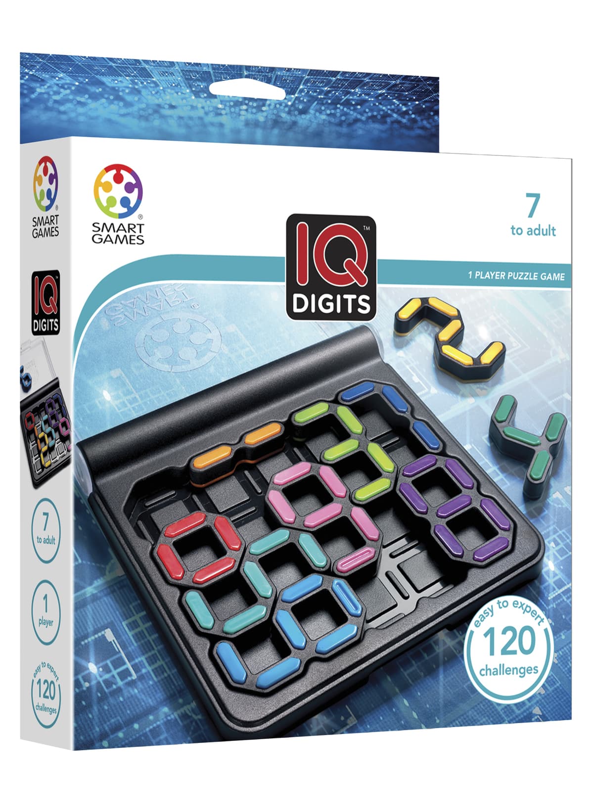IQ Digits puzzle game box with magnetic board and multicolor digit pieces, age 7+