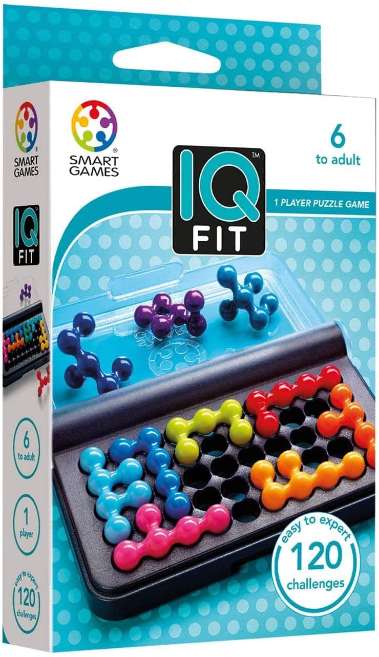 IQ Fit puzzle game board with colored peg pieces in a plastic case