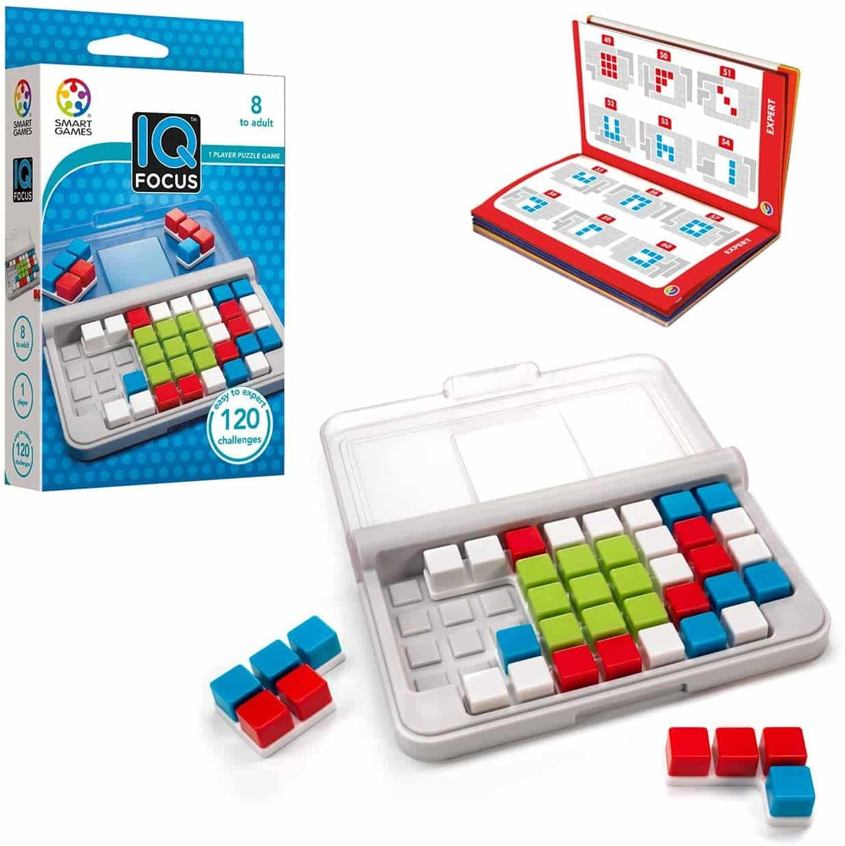 Logic puzzle game set with gray tray and red, green, and blue cube tiles