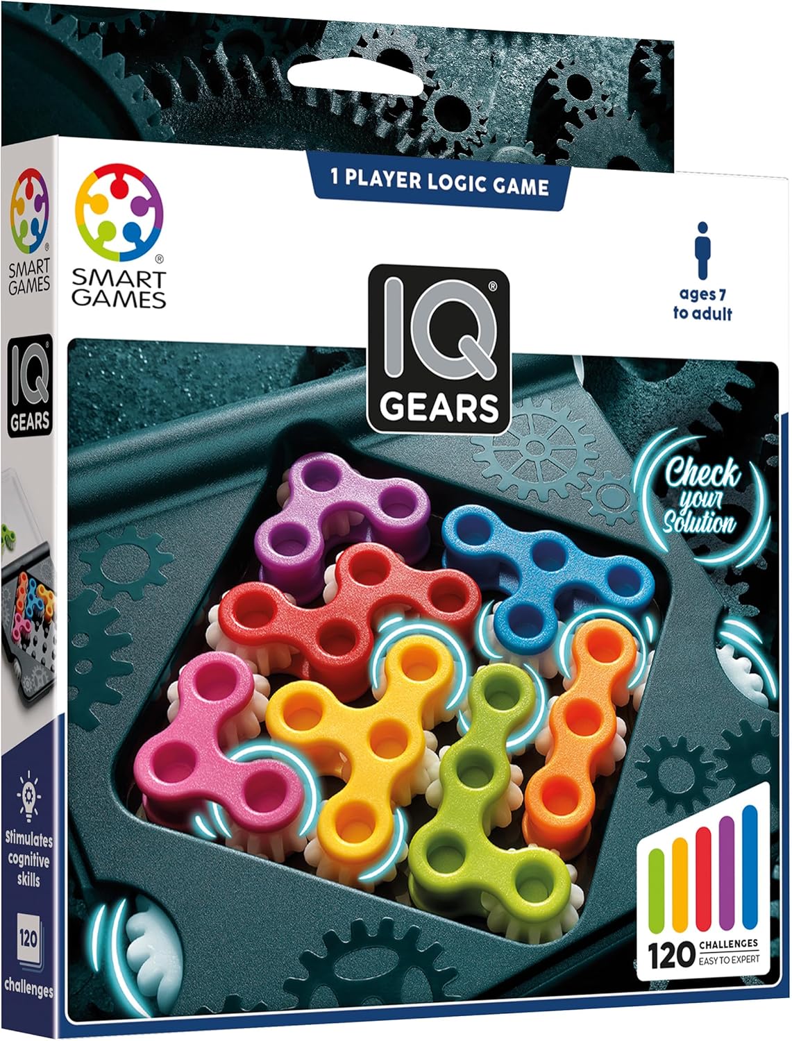 Smart Games IQ Gears puzzle game box with colorful gear pieces and icons