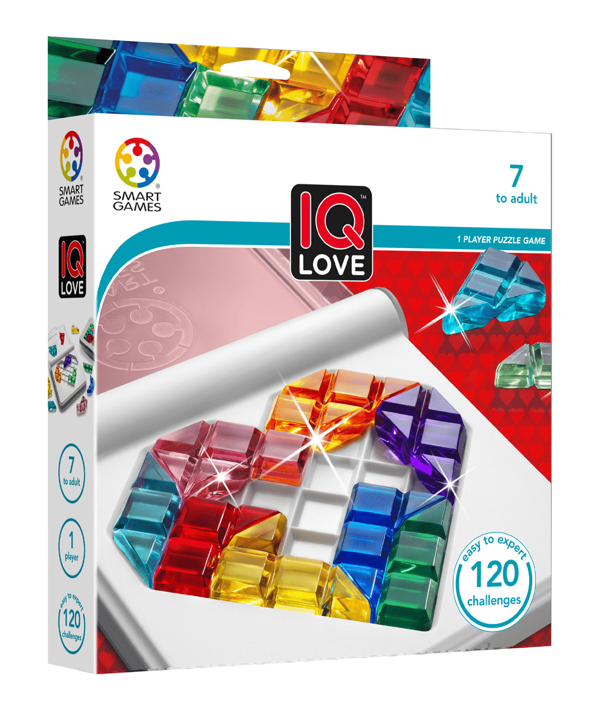 IQ Love puzzle game box with colored gem pieces and roll-out gameboard