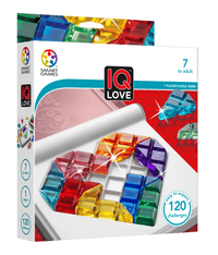 IQ Love puzzle game box with colored gem pieces and roll-out gameboard