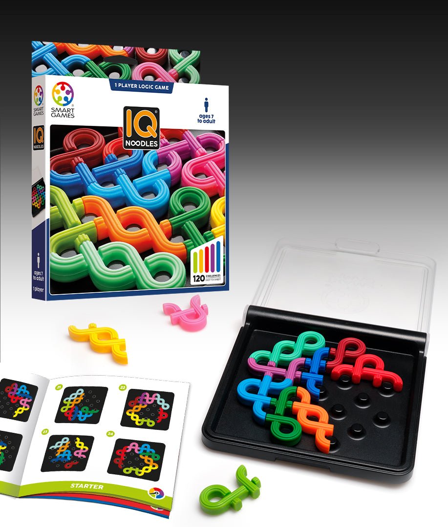 Noodle logic puzzle game with box, instruction cards, and black storage tray