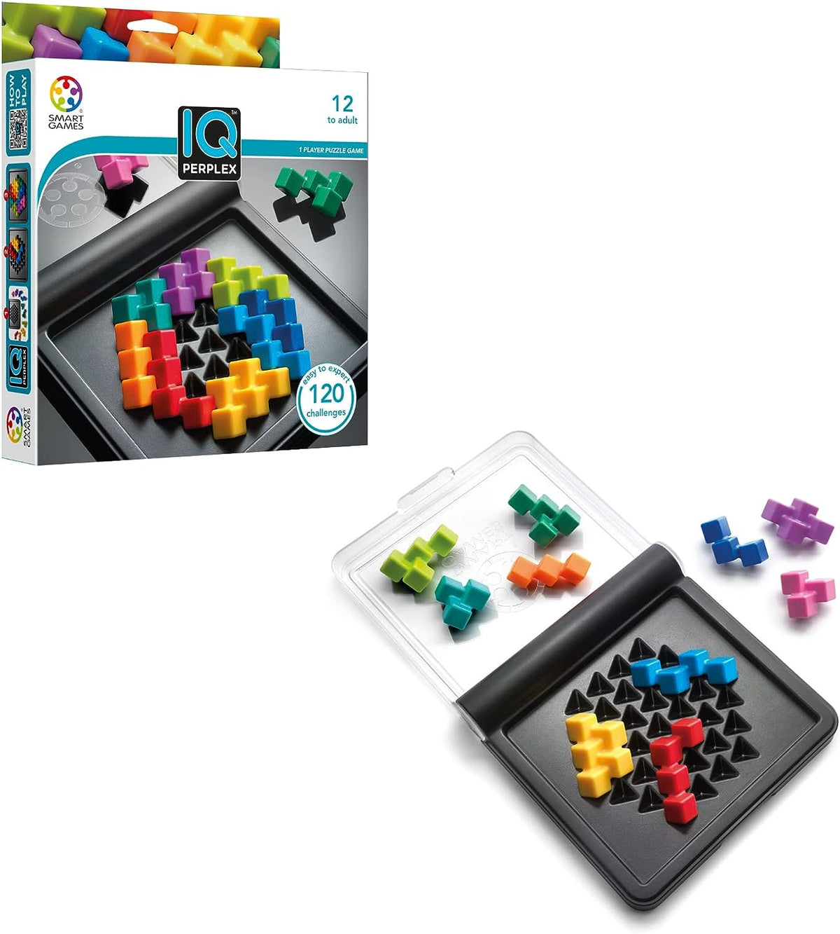 Puzzle game box with black triangular-slit board and colorful cube pieces