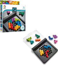 Puzzle game box with black triangular-slit board and colorful cube pieces