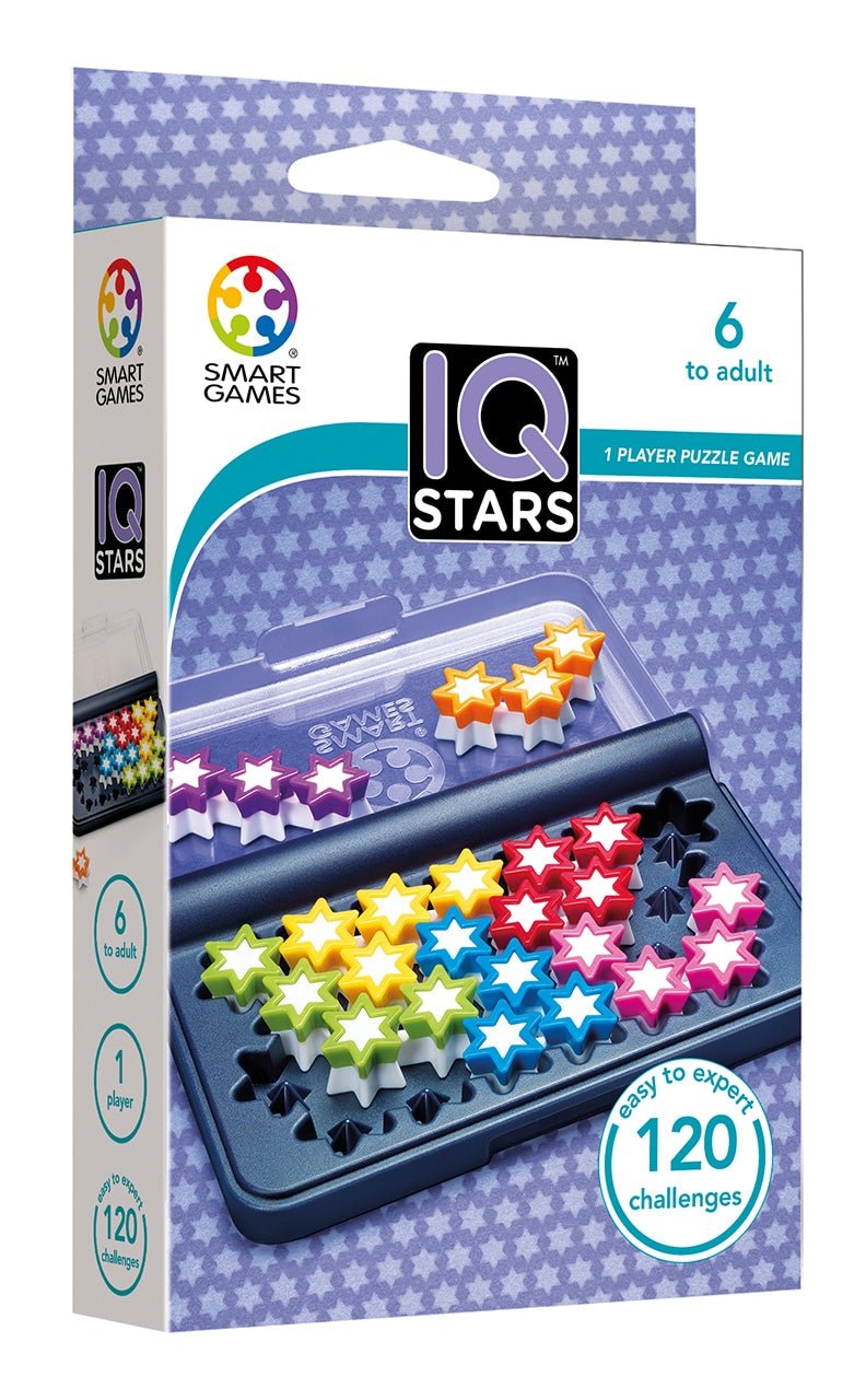 Game box for IQ Stars with colorful star tile illustration and 120 challenges badge