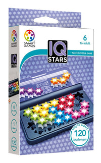 Game box for IQ Stars with colorful star tile illustration and 120 challenges badge