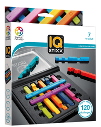 Logic puzzle game set with multicolored plastic sticks in black tray, shown in box