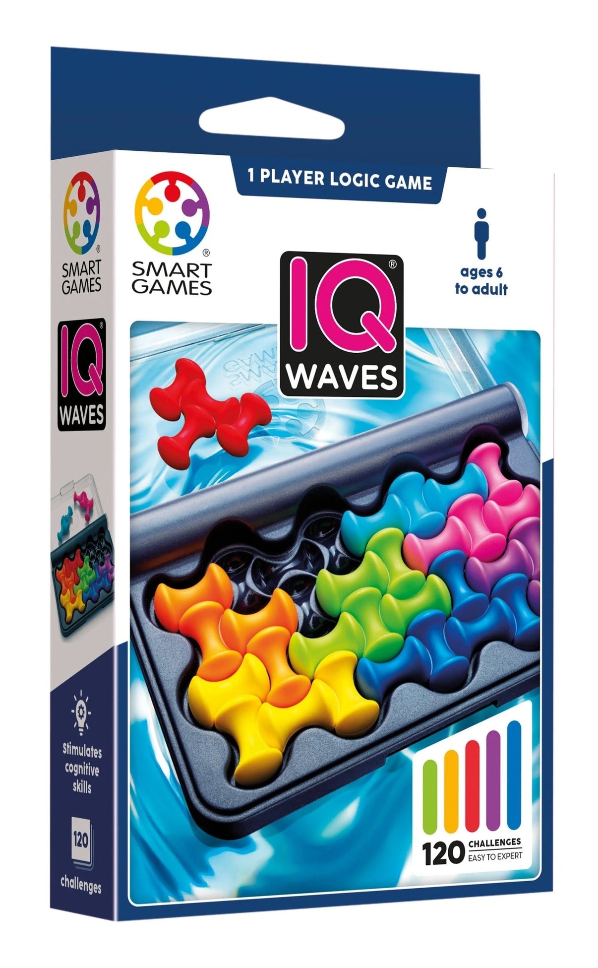 Front view of IQ Waves logic game box with colorful puzzle piece tray art