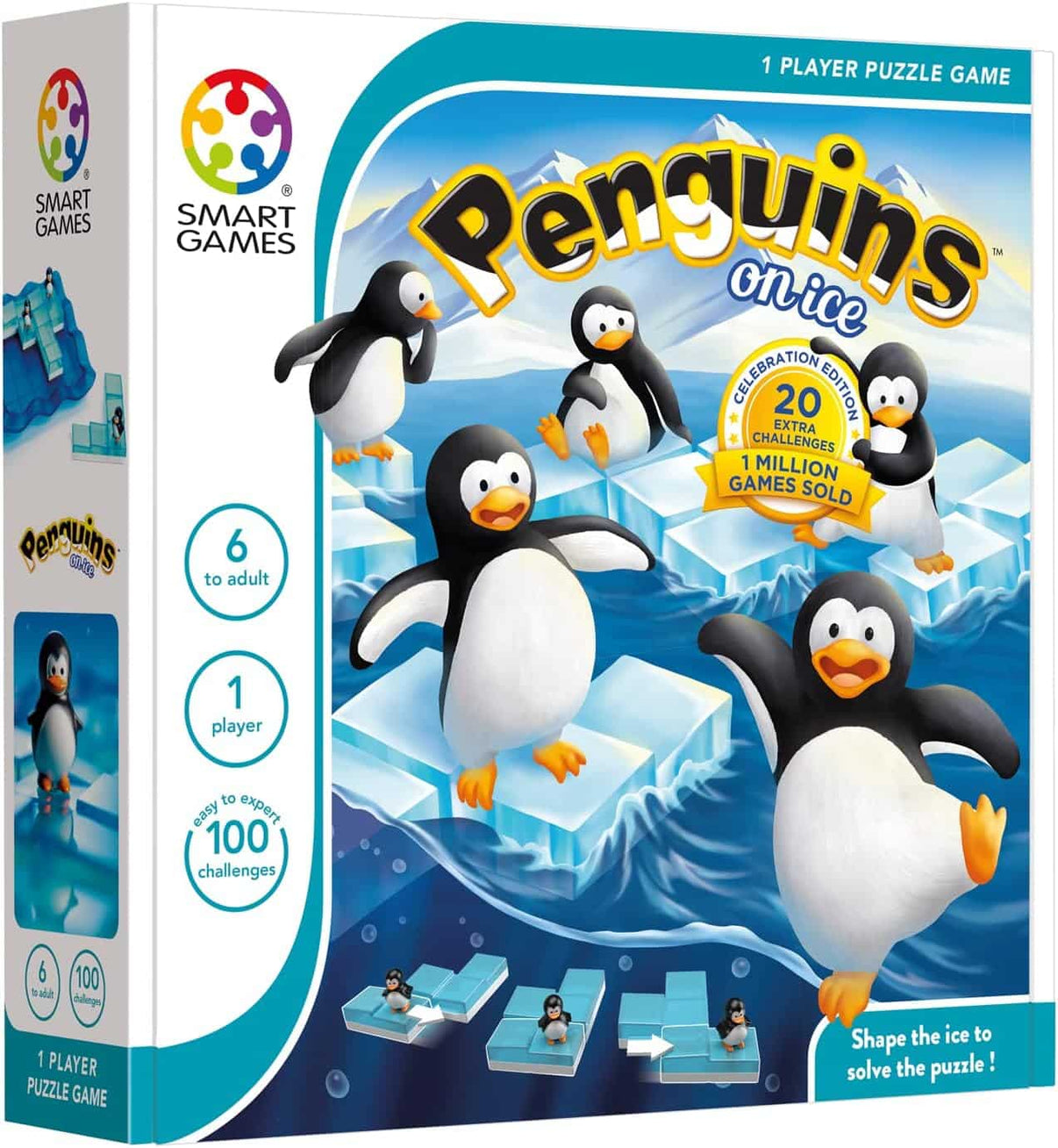 Penguin ice puzzle board game box with penguin figures on blue ice