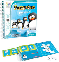 Penguins parade magnetic puzzle game set with boxed cover and blue grid board