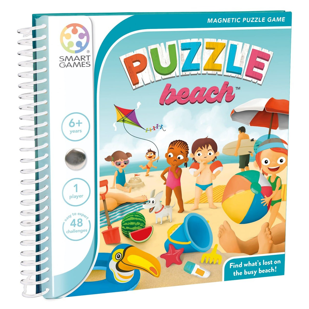 Magnetic beach puzzle travel game spiral notebook with illustrated cover and play instructions