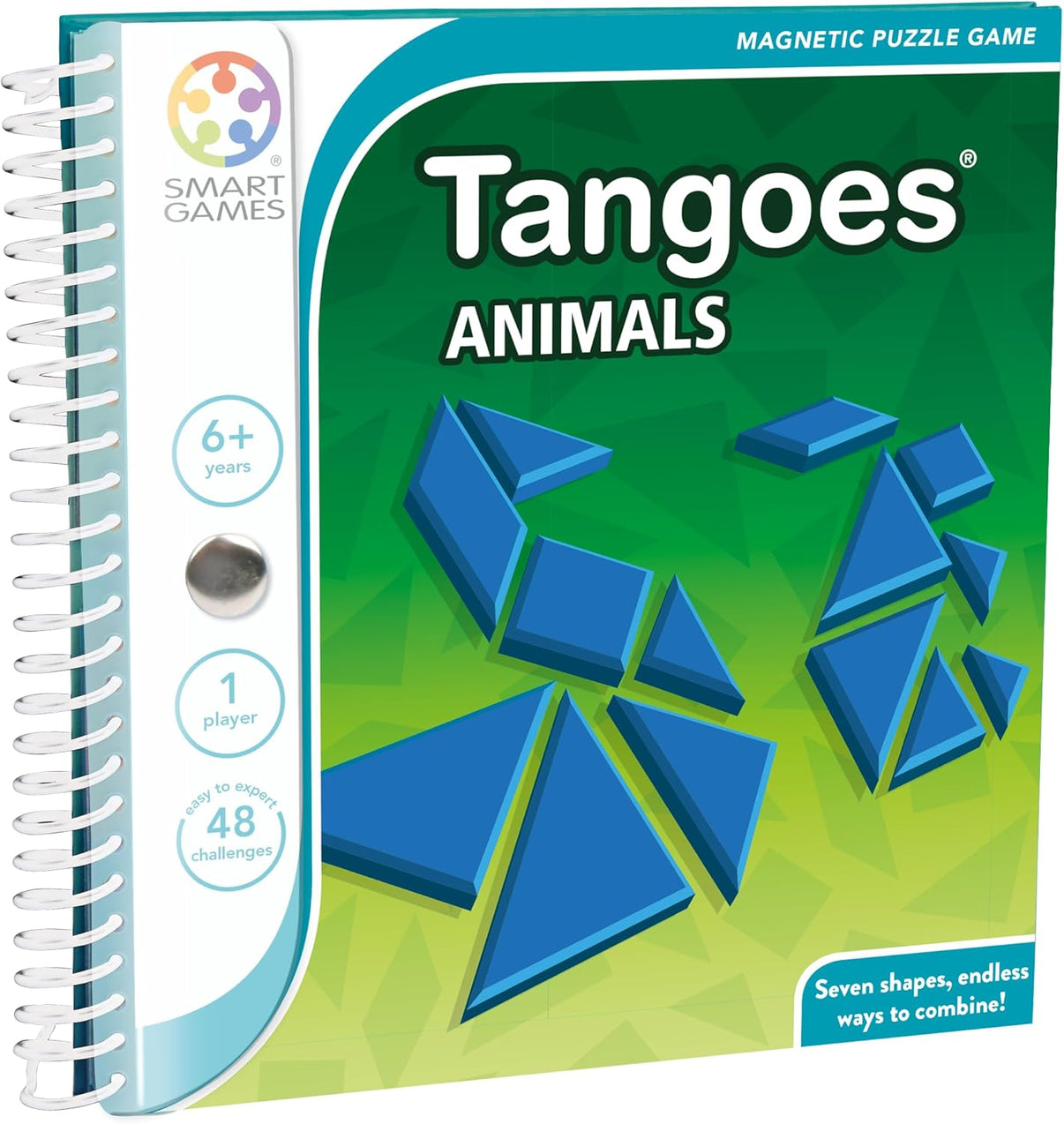 Magnetic puzzle game cover for Tangoes Animals, green design with blue geometric pieces