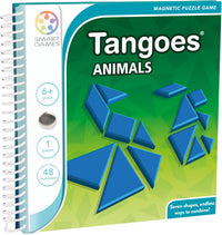 Magnetic puzzle game cover for Tangoes Animals, green design with blue geometric pieces