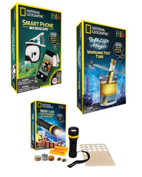Smart phone microscope science kit with coin flashlight and magic test tube in box