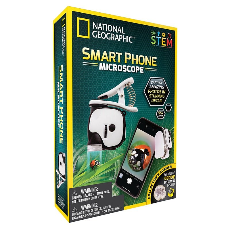 National Geographic smart phone microscope kit packaging with clip and STEM label