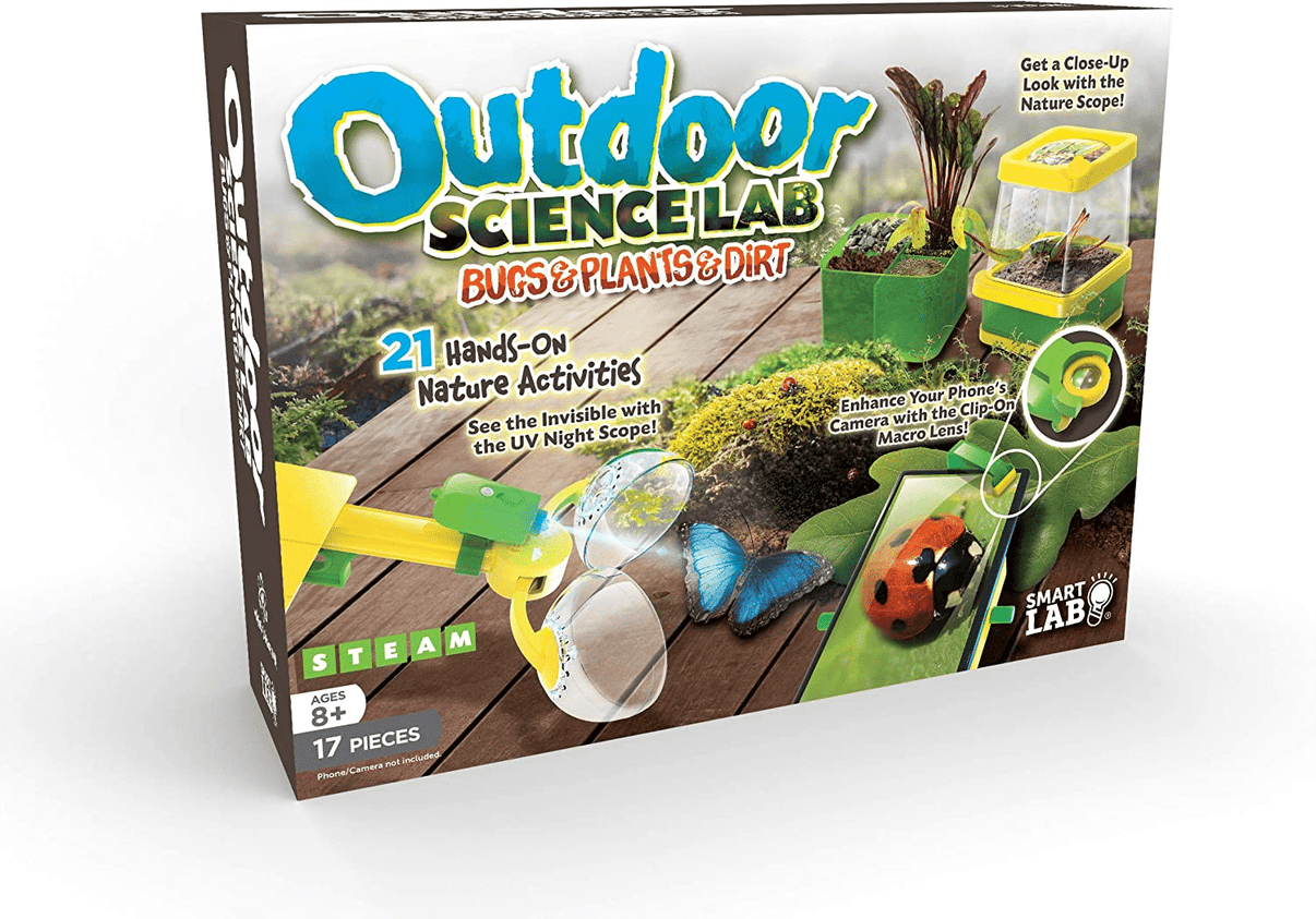 Outdoor science lab kit box showing Bugs & Plants & Dirt title and 21 activities