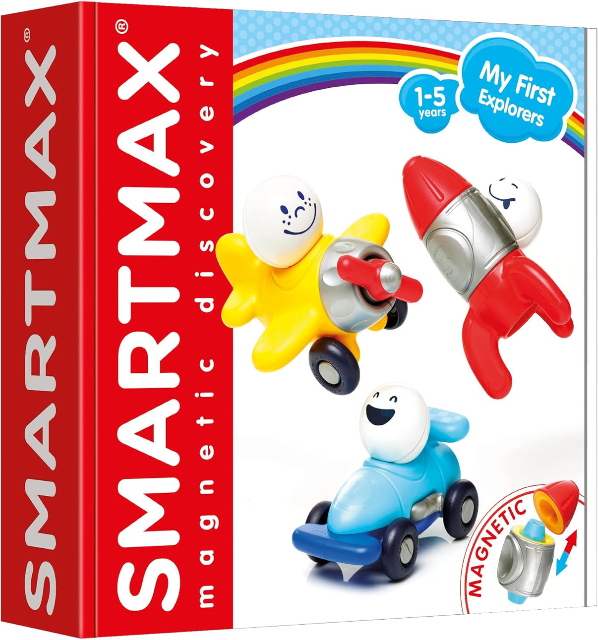 Magnetic vehicle building set box with smiling character vehicles in red, blue, and yellow