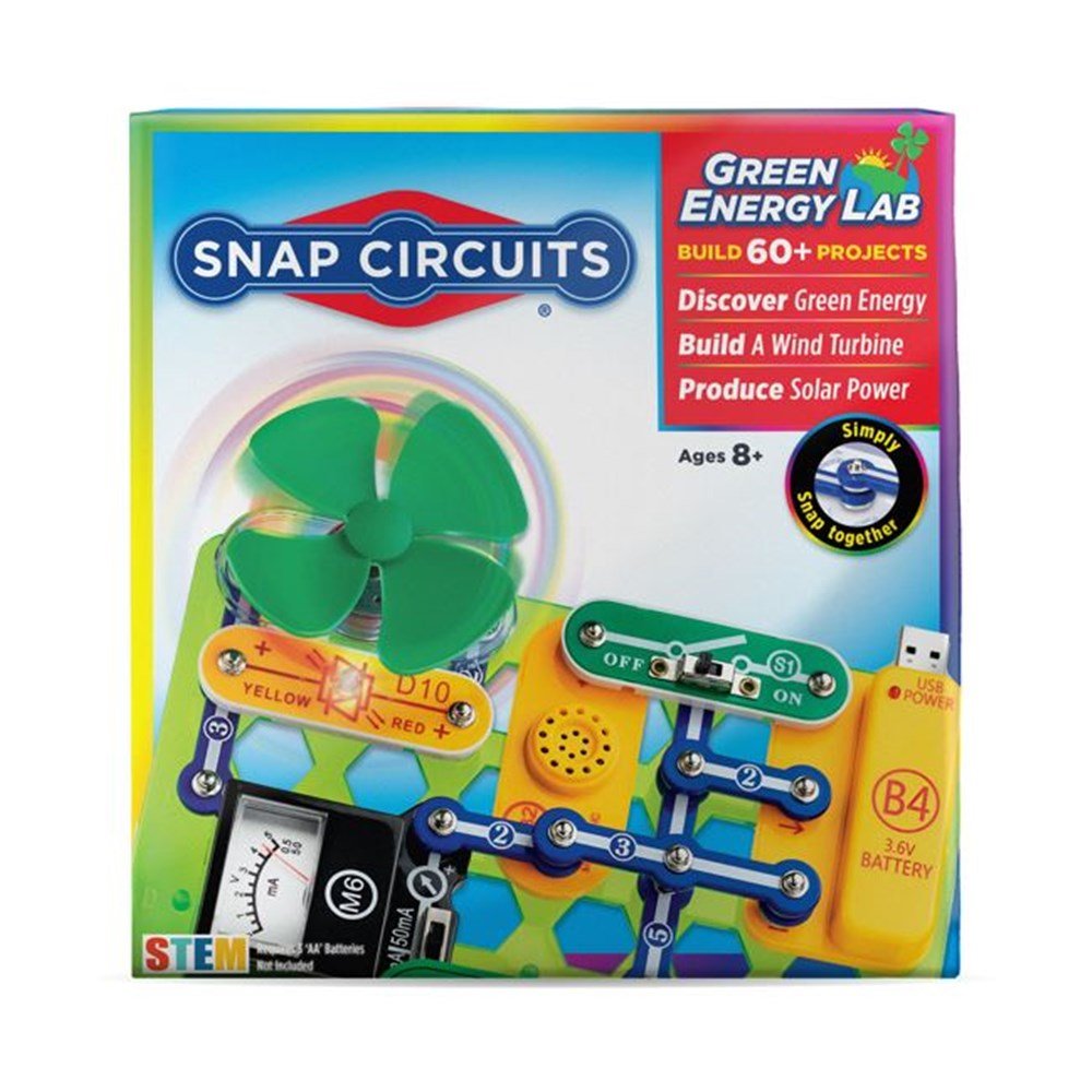 Snap Circuits Green Energy Lab kit box with wind turbine and solar power circuit