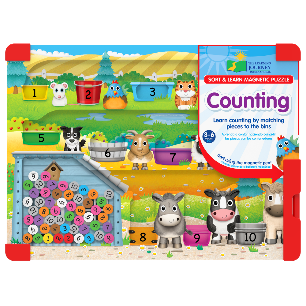 Magnetic counting puzzle board with animal characters, numbered trays, and box cover