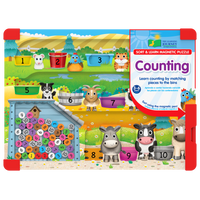 Magnetic counting puzzle board with animal characters, numbered trays, and box cover