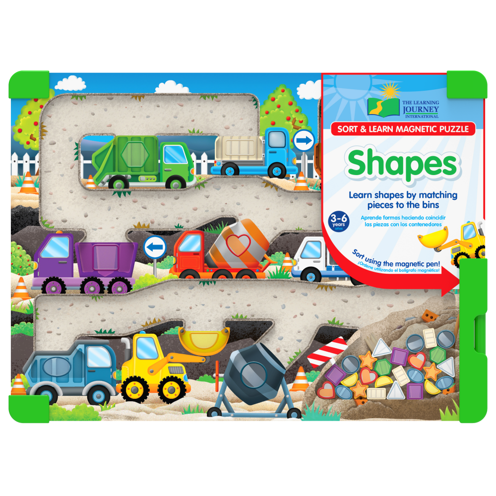 Magnetic shapes puzzle set box front with vehicle tray and multicolor shape pieces
