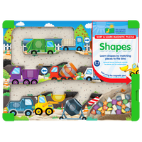 Magnetic shapes puzzle set box front with vehicle tray and multicolor shape pieces