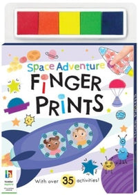 Space-themed finger print activity book cover by Hinkler, with colorful illustrations