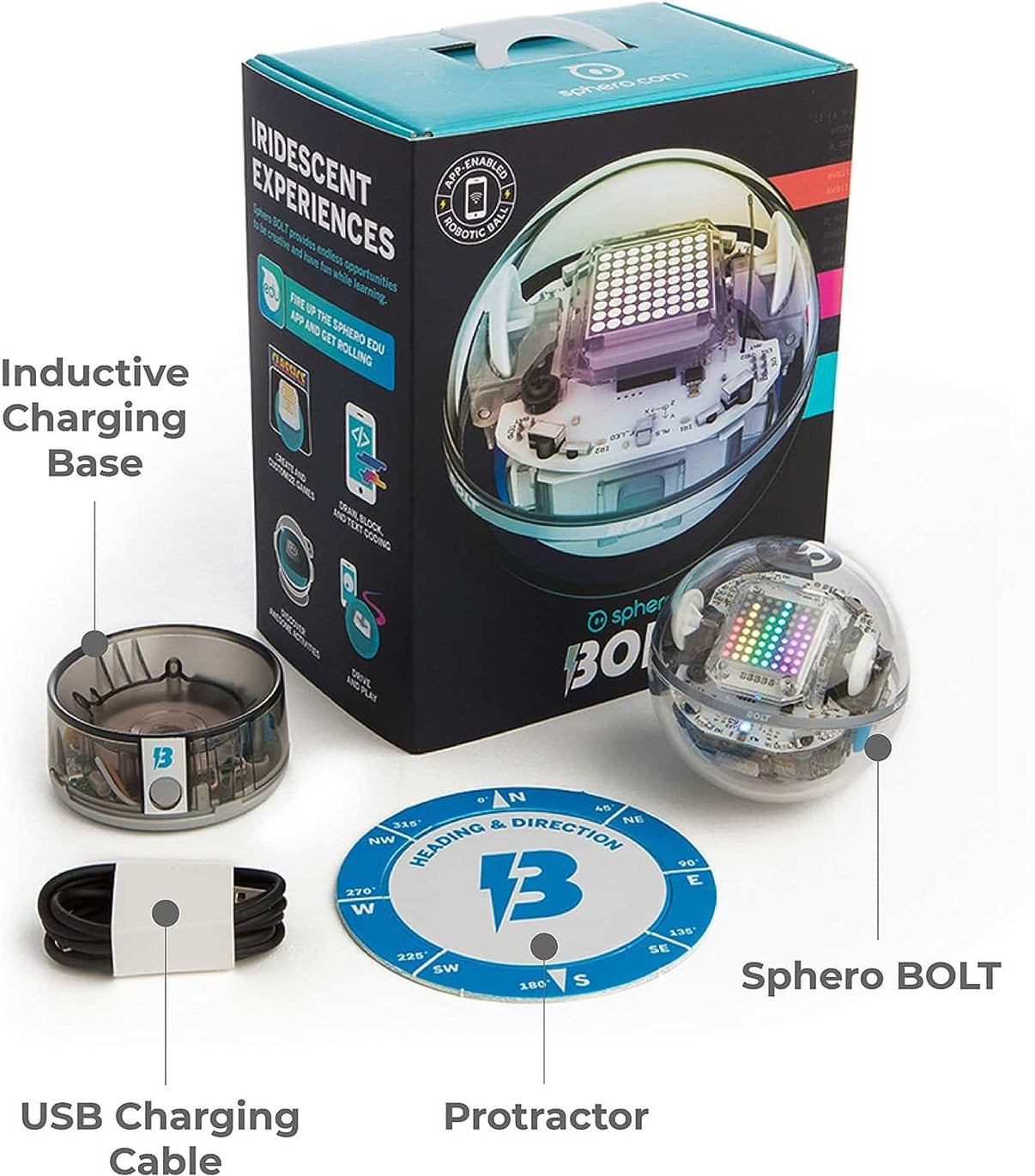 Coding robot with inductive charging base, USB cable, and protractor accessories set